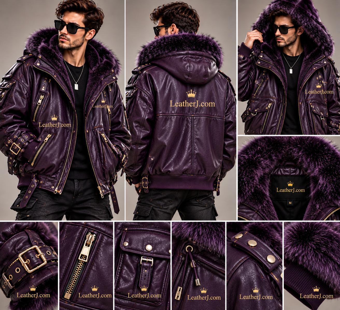 Title: Men's Dark Purple Hooded Leather Jacket with Luxurious Fur Trim