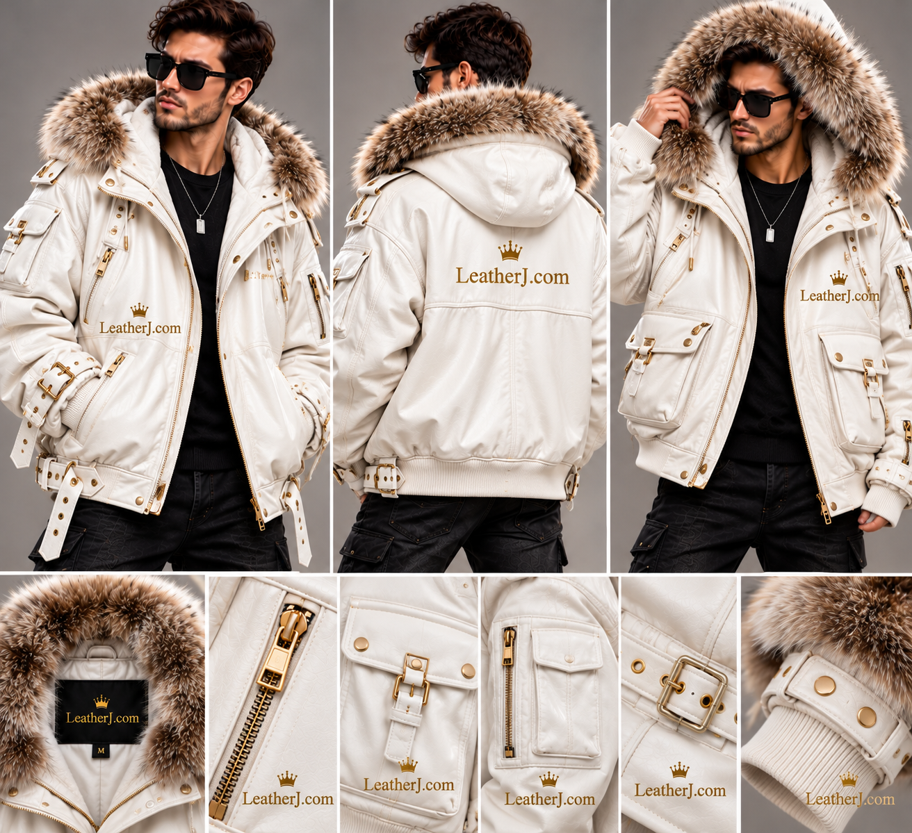 Title: Men's Oversized White Leather Jacket with Luxurious Fur Hood
