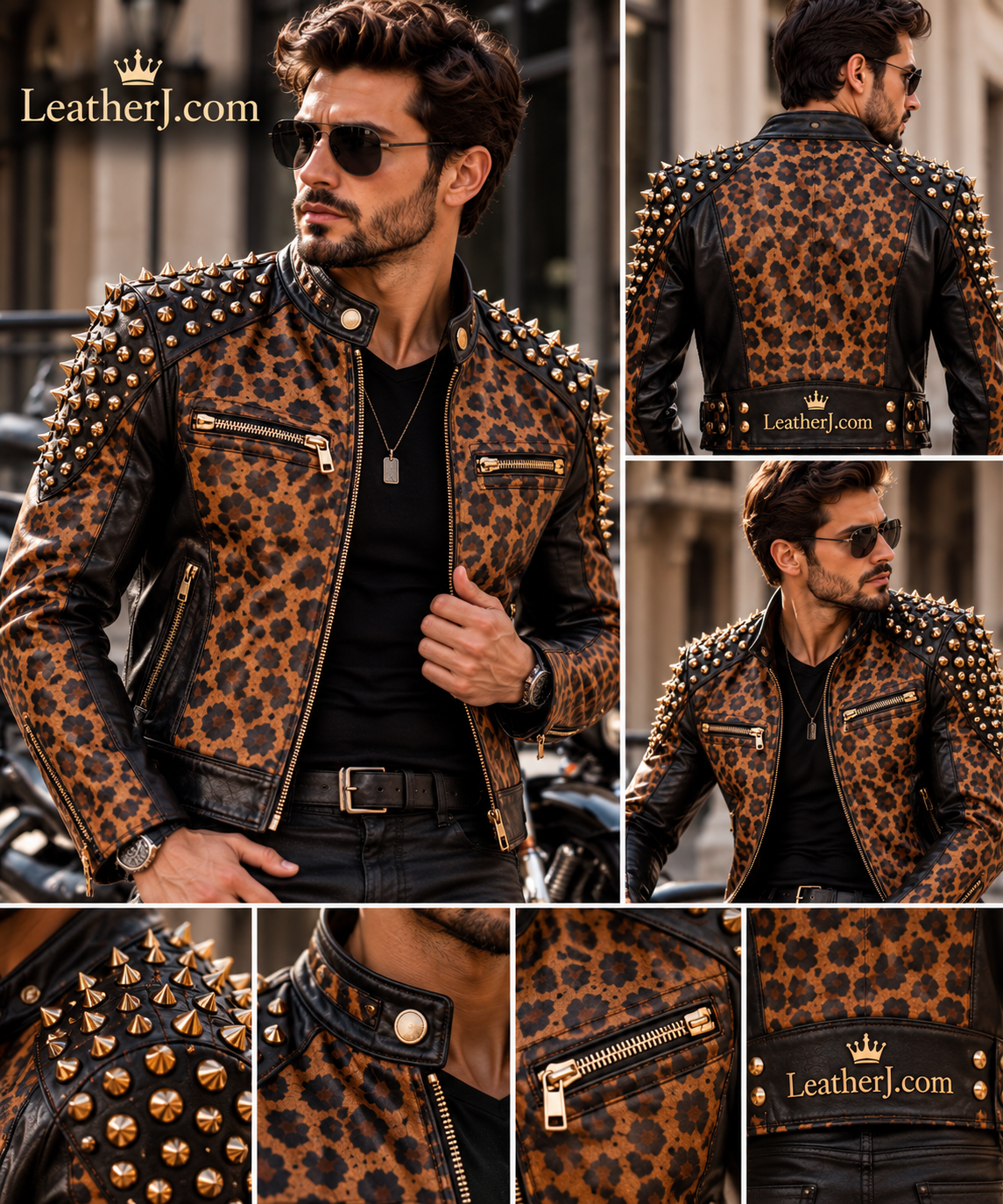 Men's Black & Brown Leopard Print Leather Biker Jacket with Studded Shoulders
