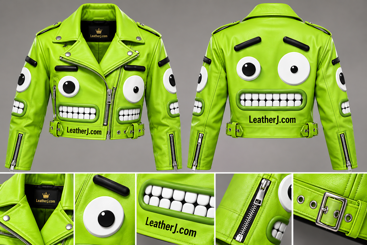 Title: Women's Neon Green Cartoon Print Cropped Leather Biker Jacket