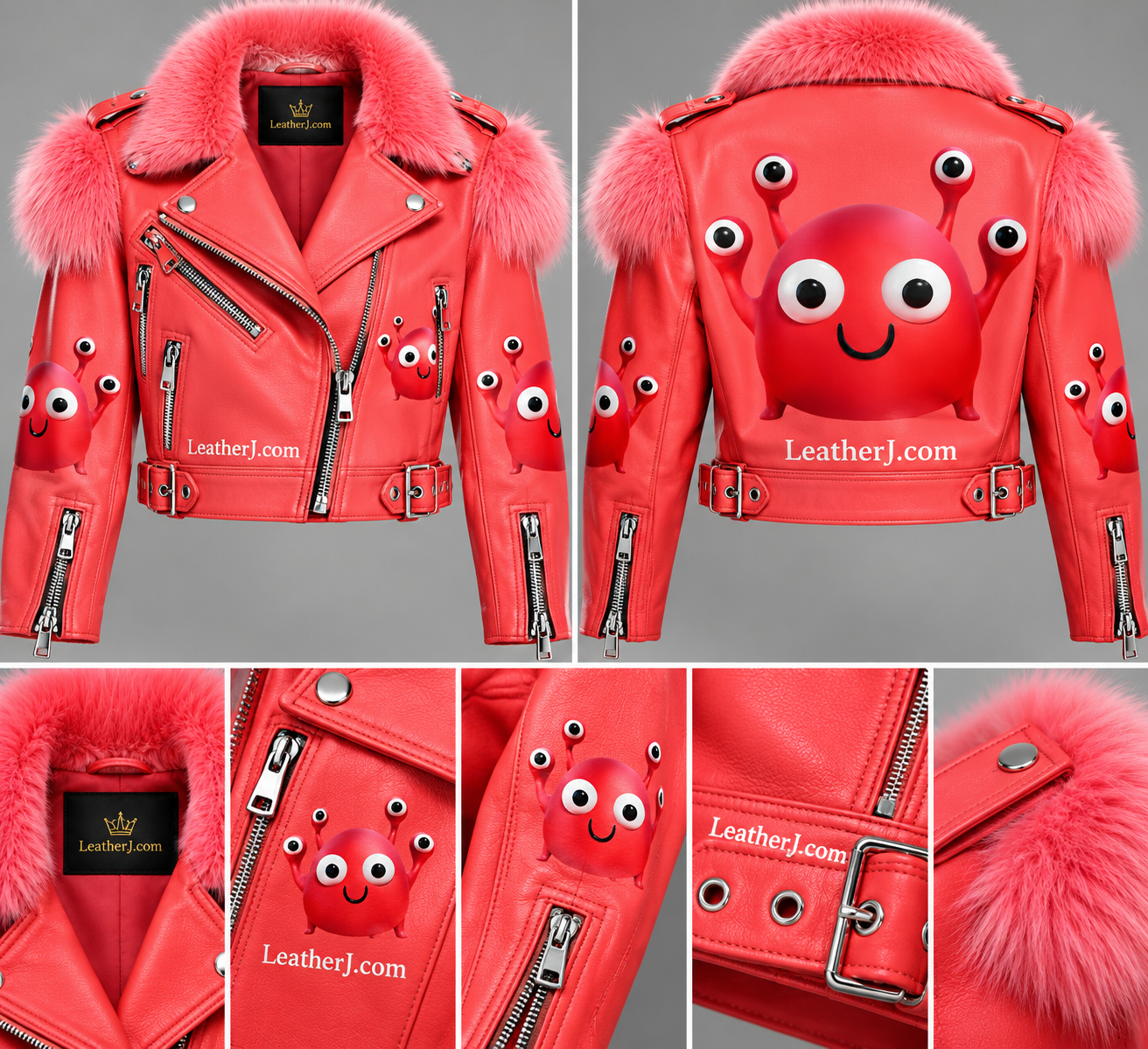 Women’s Coral Pink Cartoon Fur-Trim Leather Biker Jacket