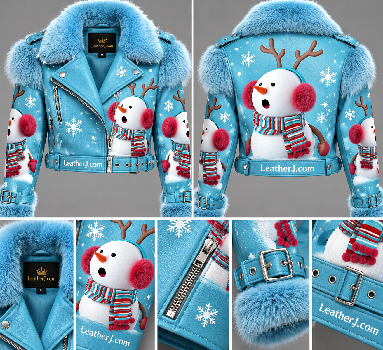 Title: Women’s Turquoise Blue Snowman Print Cropped Leather Jacket with Fluffy Fur Trim