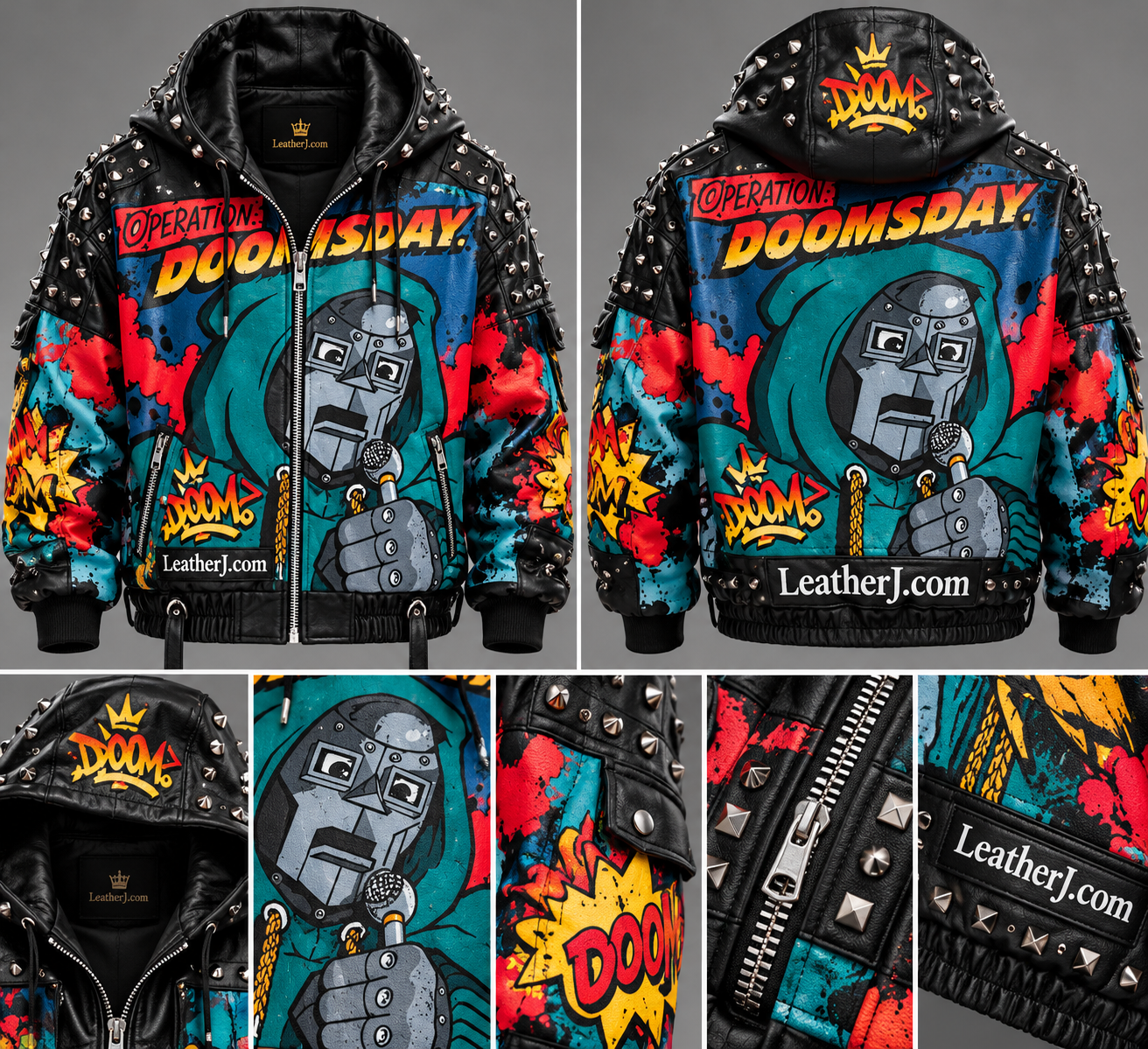 Men’s Black Studded Leather Hooded Jacket with Colorful Comic Print