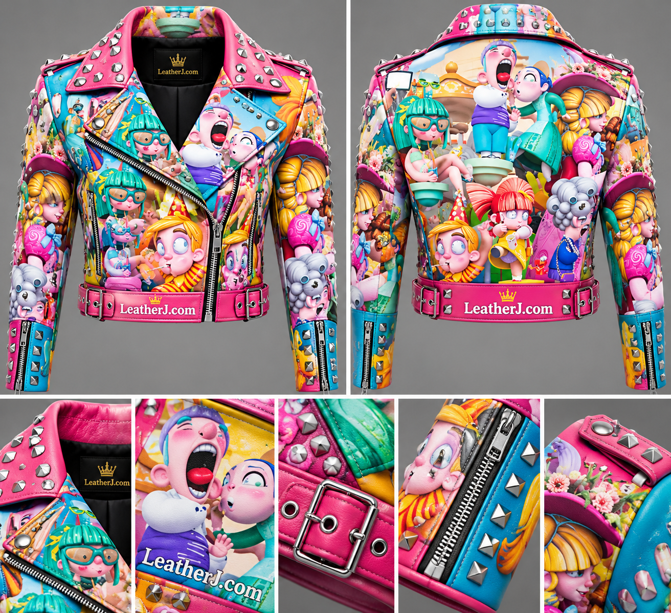 Women’s Multicolor Cartoon Print Cropped Leather Biker Jacket with Studs & Buckles
