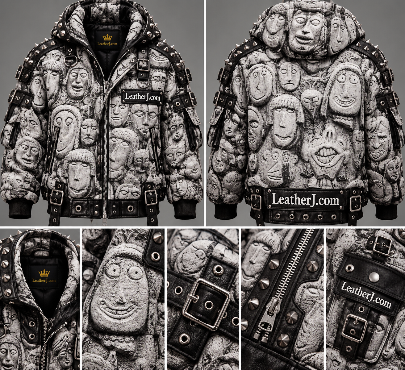 Men’s Oversized Black Leather Jacket with Monochrome Face Print, Studs & Buckles