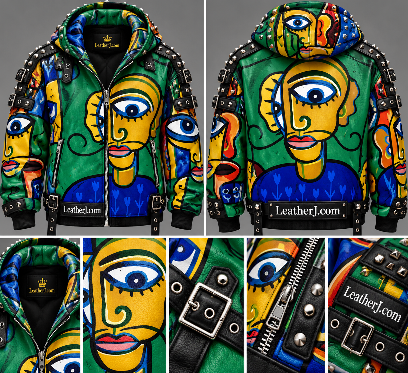Men’s Oversized Green Leather Jacket with Colorful Abstract Face Print, Studs & Buckles