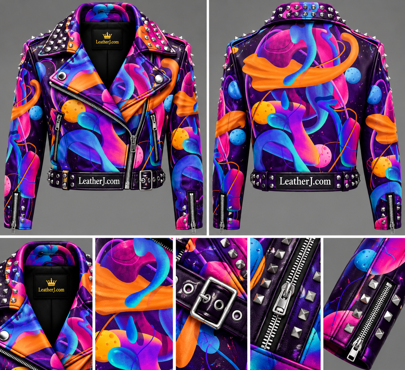 Women's Neon Galaxy Printed Cropped Leather Biker Jacket – Studded Edition