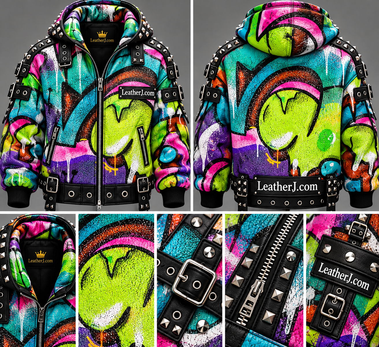 Men’s Oversized Neon Graffiti Hooded Leather Jacket – Studded Streetwear Edition
