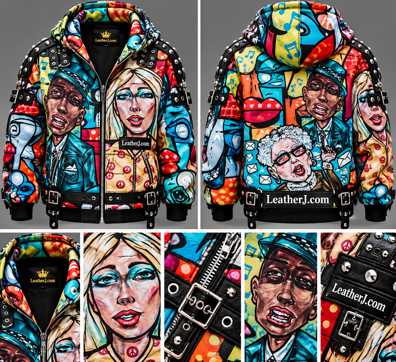 Women's Oversized Pop Art Graffiti Leather Jacket – Studded Streetwear Edition