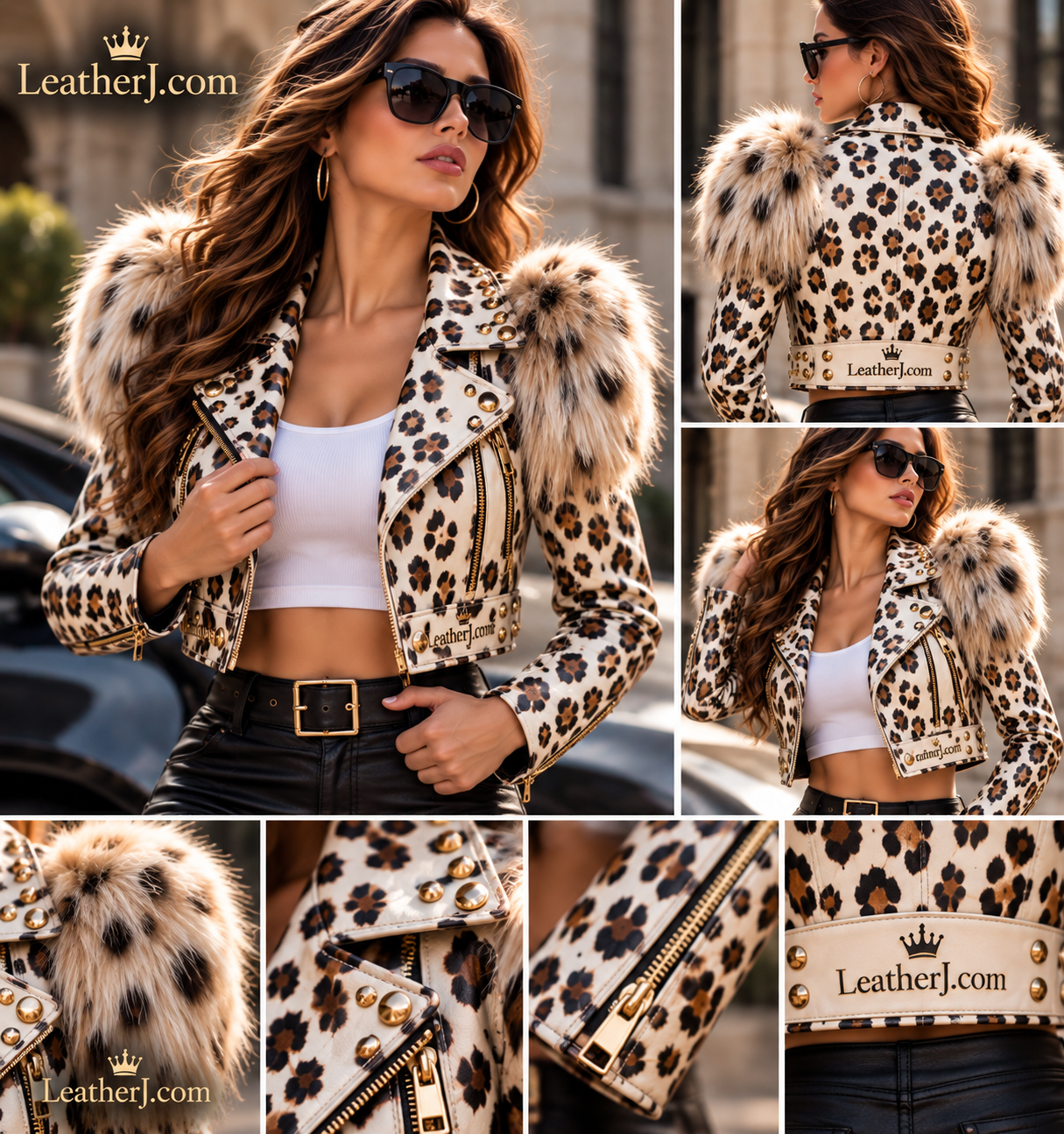 Women's White Leopard Print Cropped Leather Jacket with Luxury Fur Shoulders