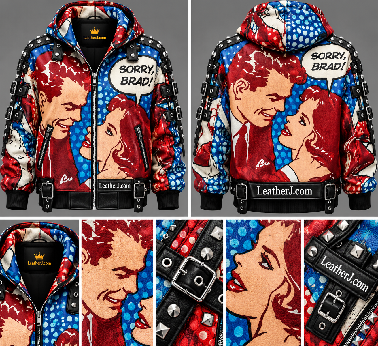 Women's Oversized Comic Pop-Art Leather Jacket – Red & Blue Graphic Studded Hoodie