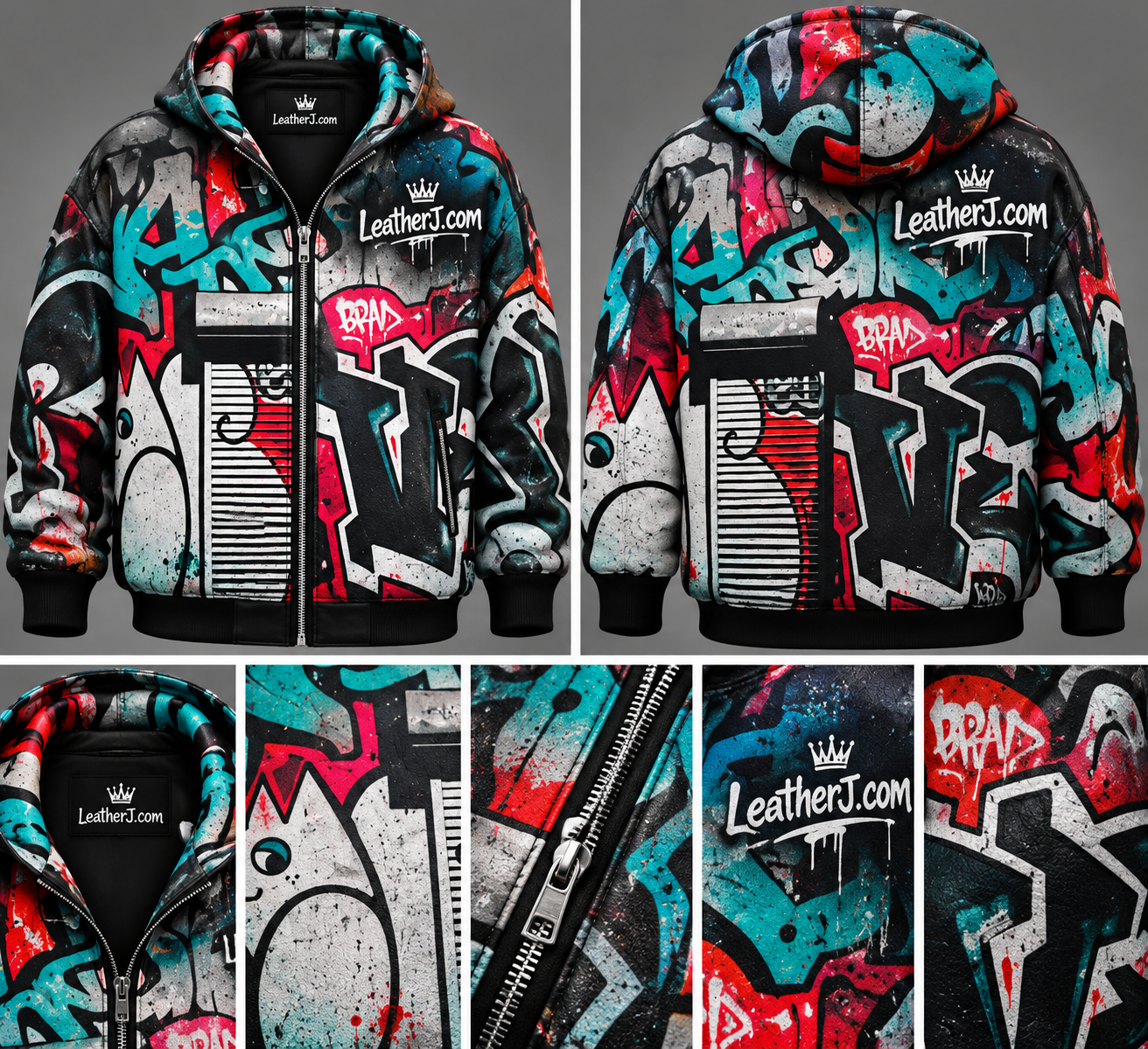 Men’s Oversized Graffiti Print Leather Hoodie Jacket – Black, Red & Teal Streetwear
