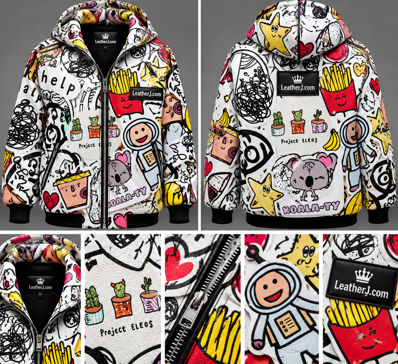 Women's Oversized Cartoon Graffiti Leather Hoodie Jacket – Multicolor Sticker Art Streetwear