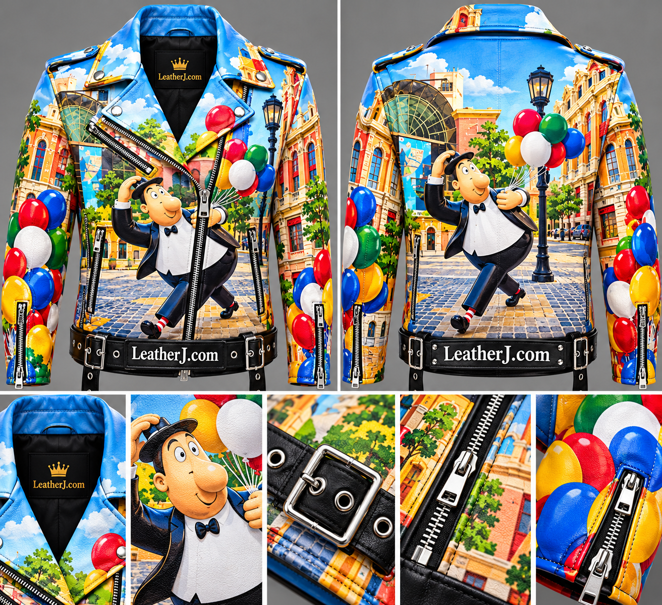 Men’s Colorful Cartoon Balloon Printed Leather Biker Jacket