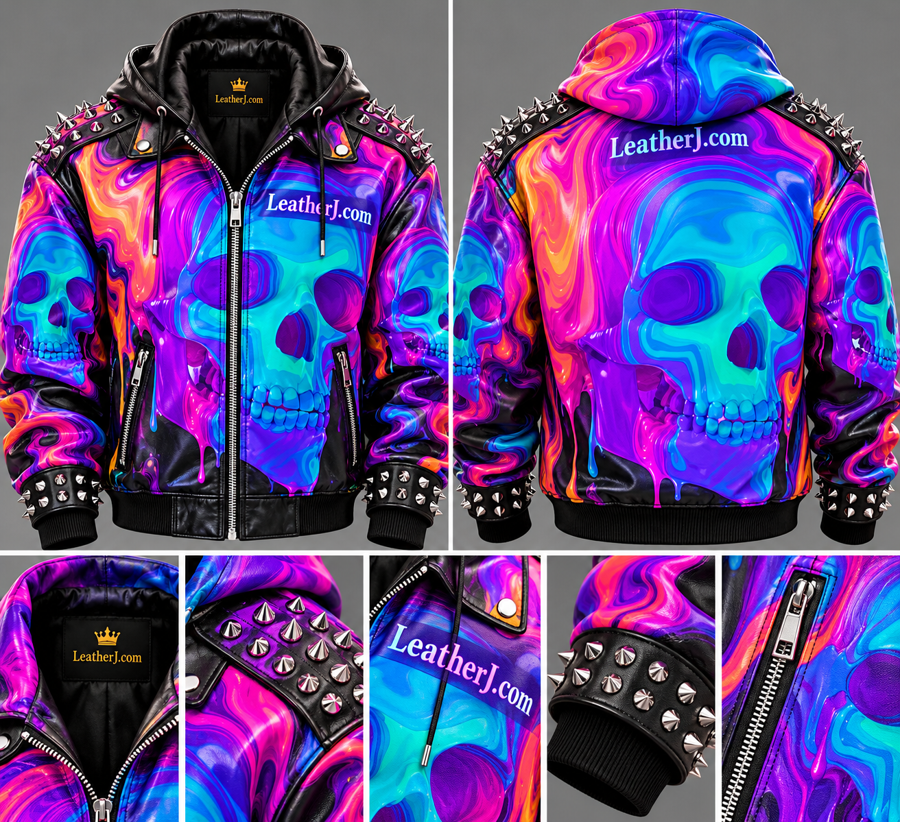 Neon Skull Graffiti Oversized Leather Jacket