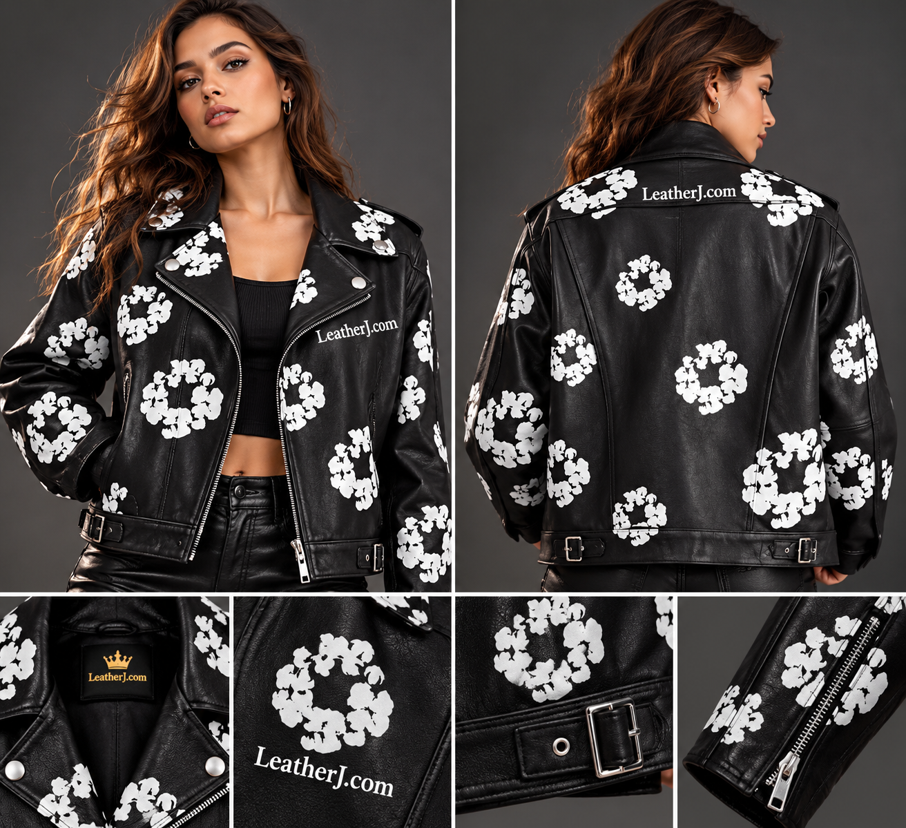 Women's Black Leather Floral Print Biker Jacket