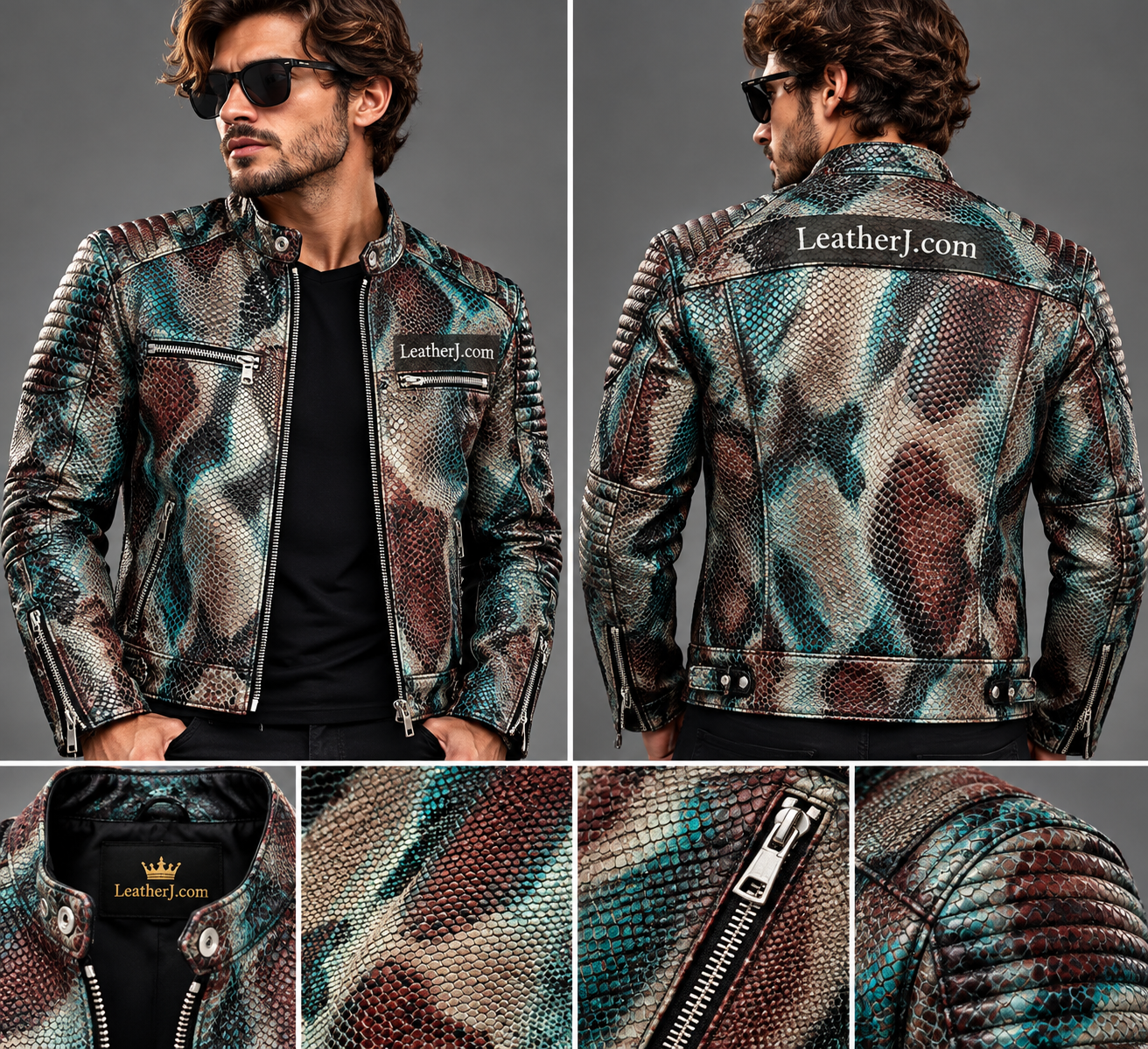Men's Multicolor Snakeskin Printed Leather Biker Jacket