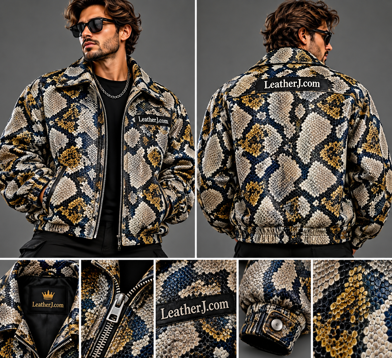 Men's Oversized Python Snakeskin Printed Leather Jacket