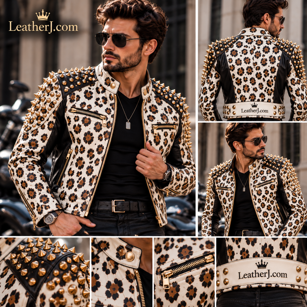 Men's White Leopard Print Leather Biker Jacket with Studded Shoulders