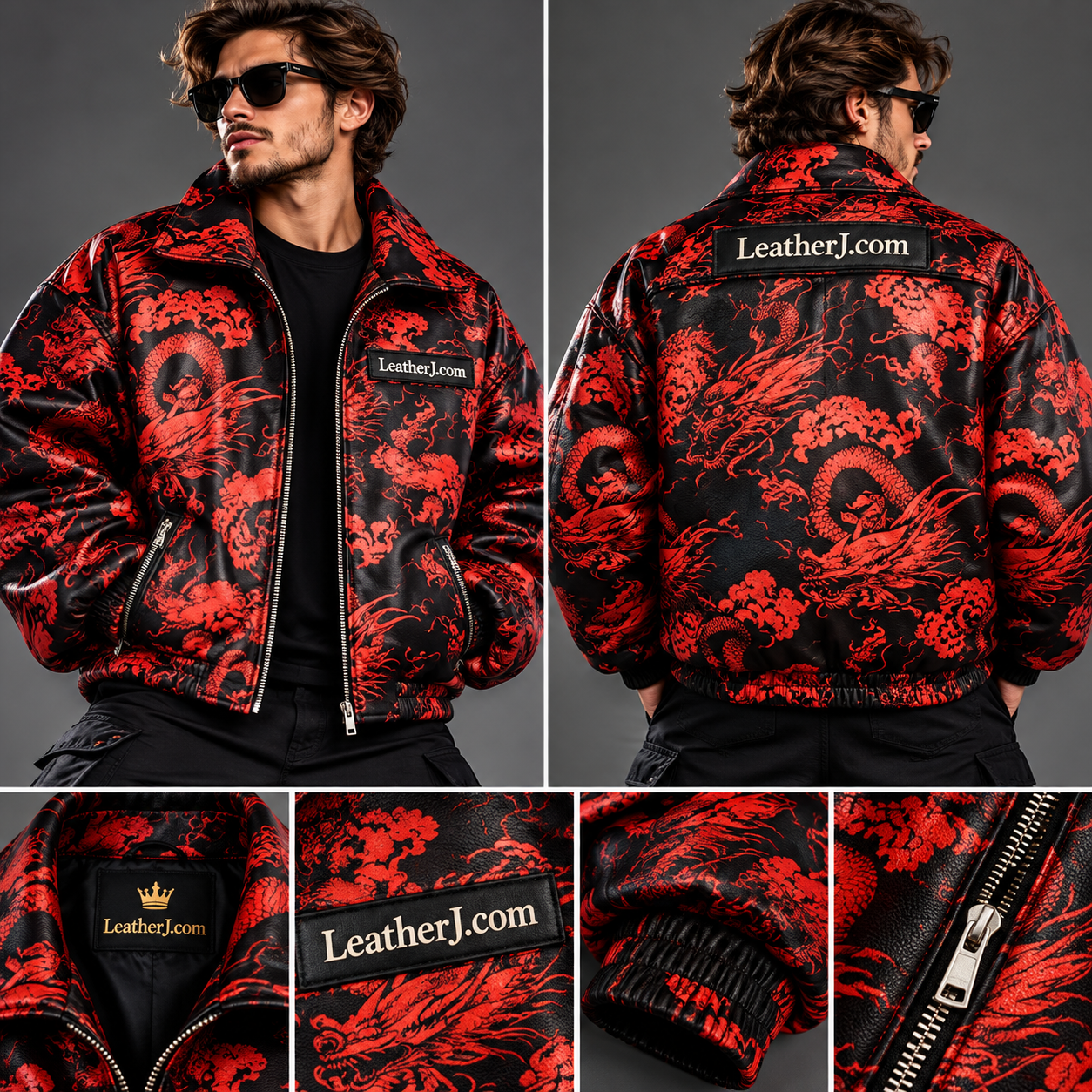 Title: Men's Red Dragon Printed Oversized Leather Bomber Jacket