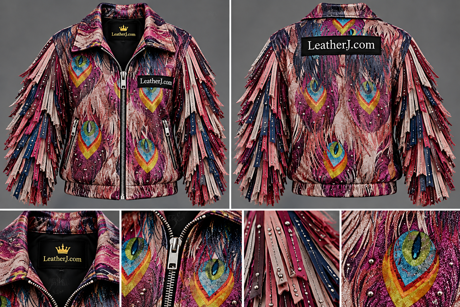Title: Women's Peacock Feather Printed Leather Jacket with Fringe Sleeves