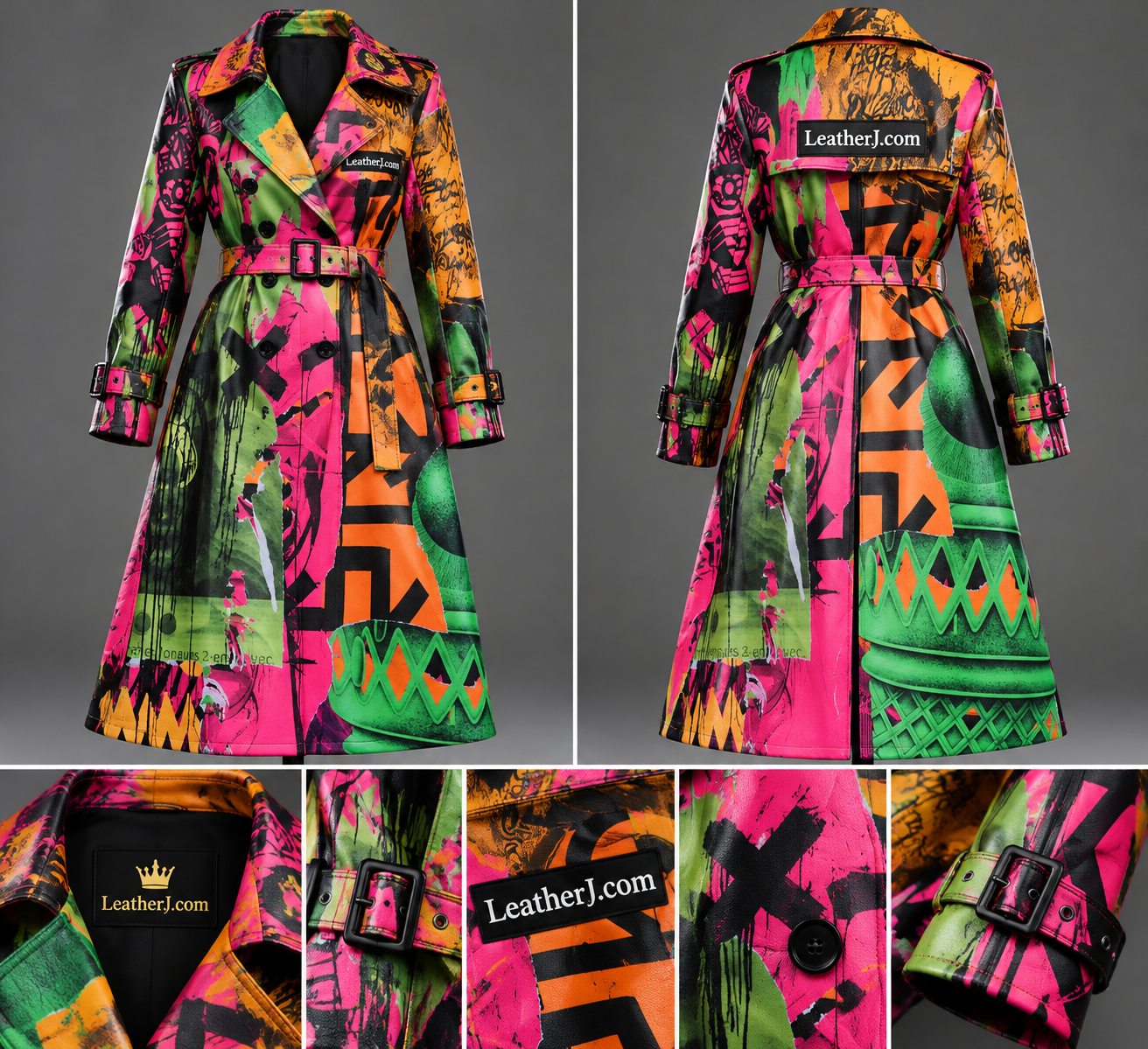 Title: Women's Neon Graffiti Printed Leather Trench Coat