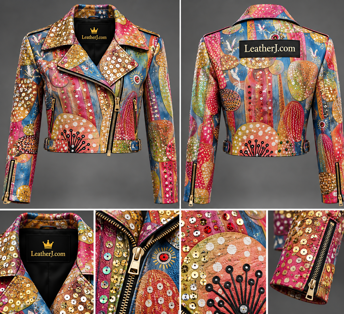 Title: Women's Multicolor Sequin Printed Cropped Leather Biker Jacket