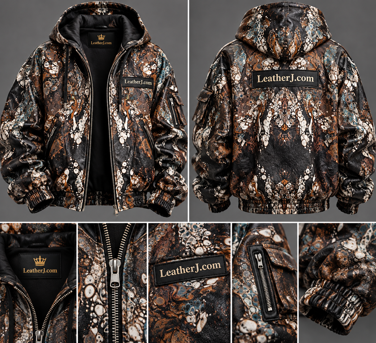 Title: Men's Abstract Marbled Printed Leather Bomber Jacket