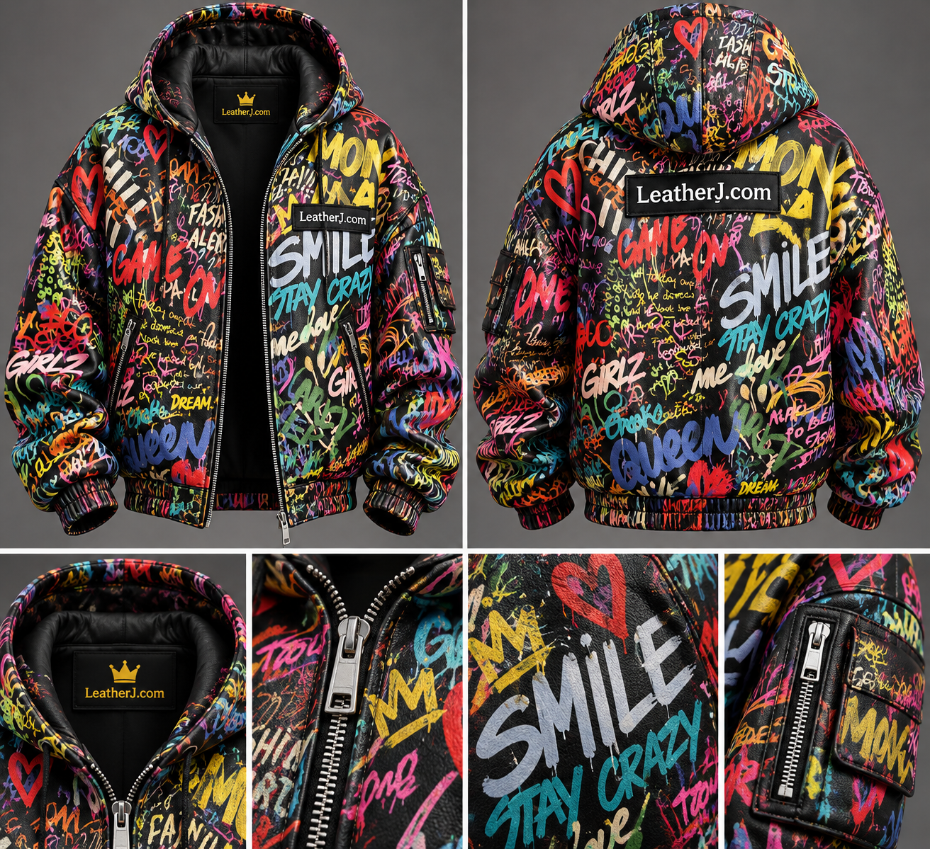 Title: Men's Graffiti Printed Hooded Leather Bomber Jacket