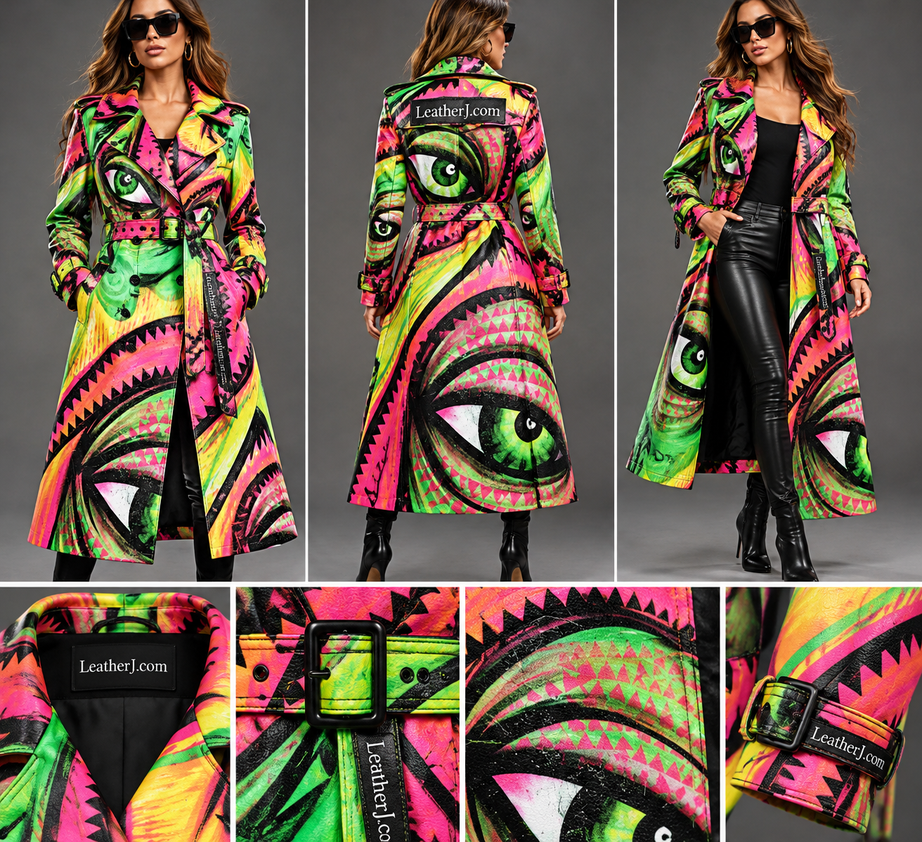 Title: Women's Neon Graffiti Printed Leather Trench Coat