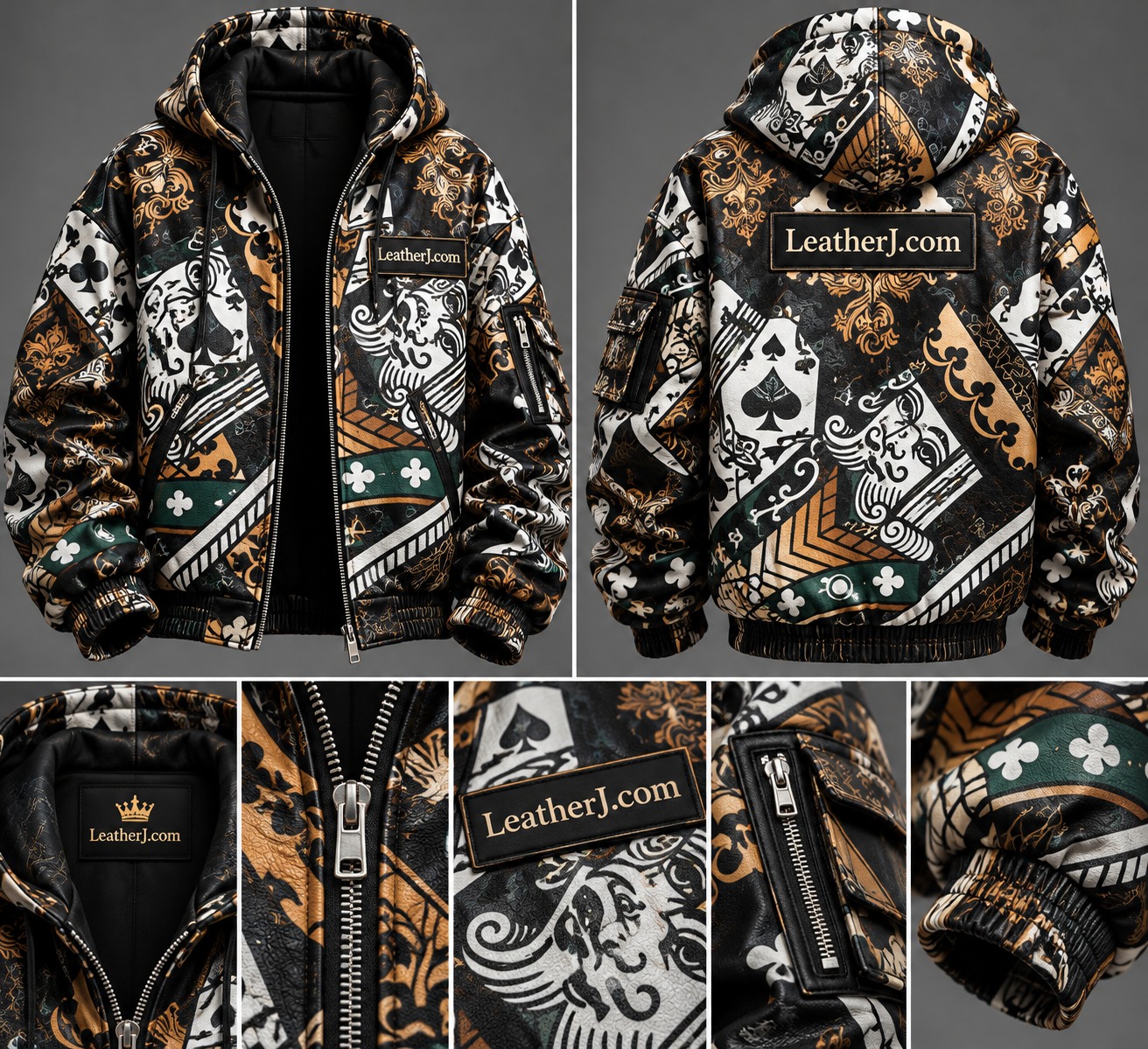 Title: Men's Baroque Playing Card Printed Hooded Leather Bomber Jacket
