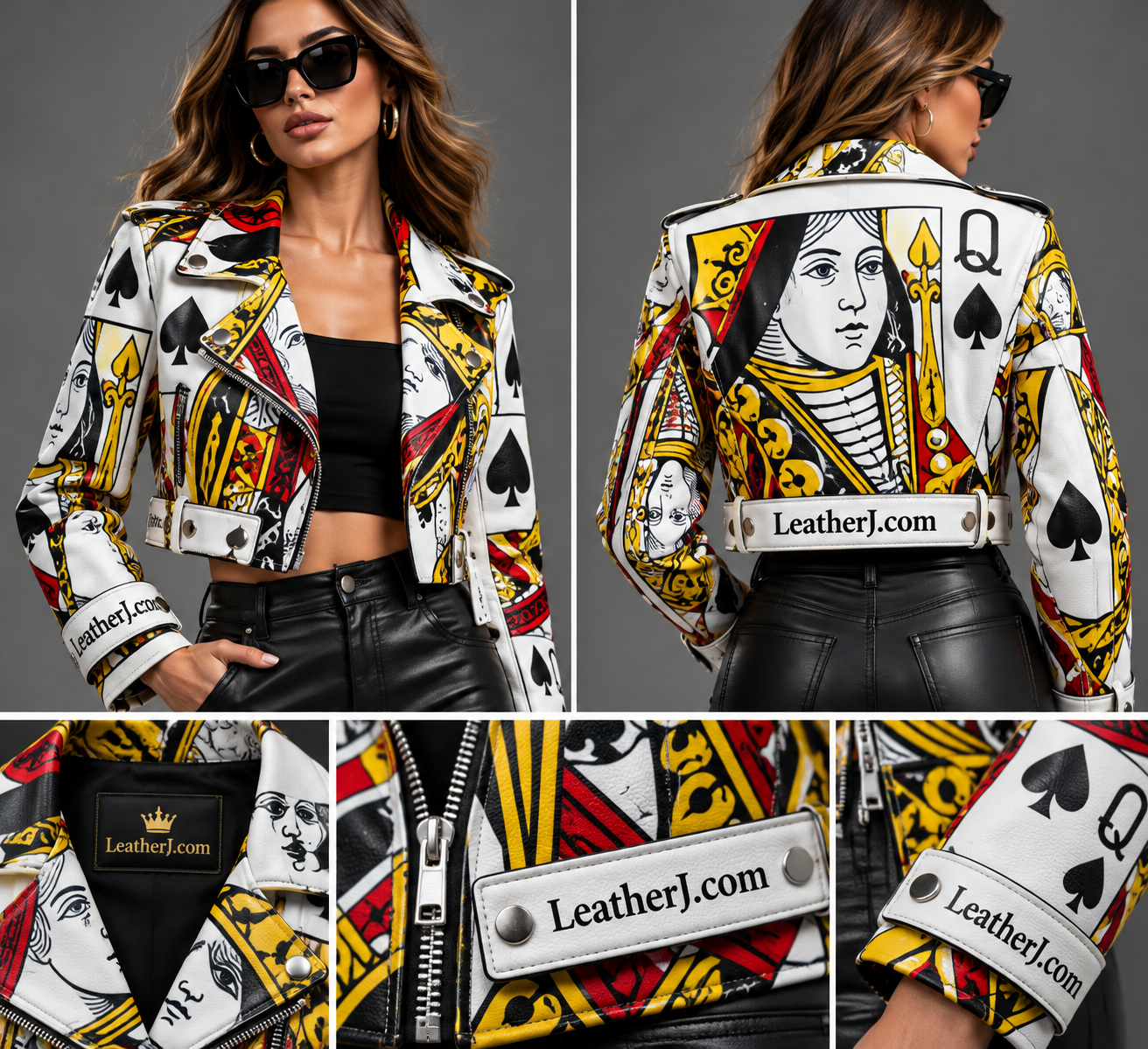 Women's Queen of Spades Printed Cropped Leather Biker Jacket