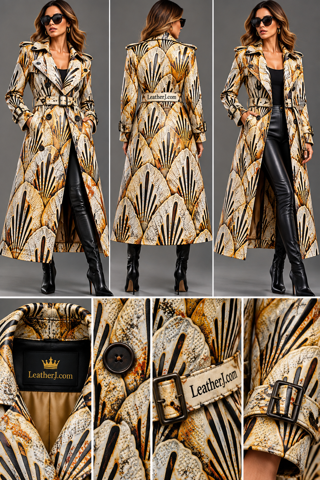 Women's Golden Fan Print Leather Trench Coat