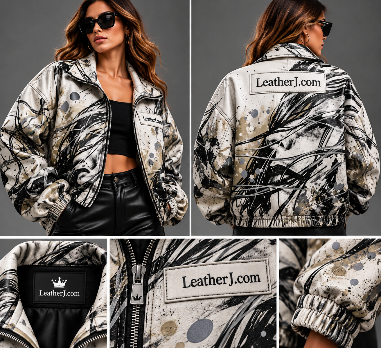 Women's Abstract Graffiti Print Oversized Leather Bomber Jacket