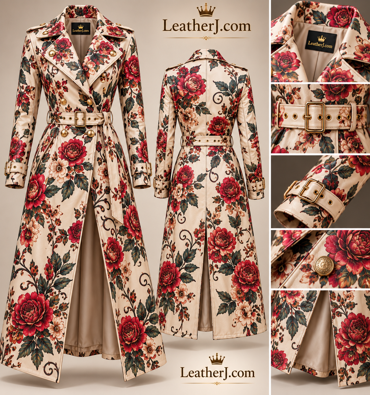 Women's Floral Printed Long Leather Trench Coat – Cream Rose Design
