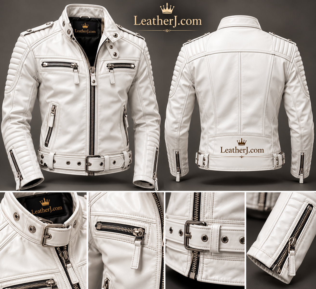 Men's White Leather Biker Jacket with Front Zipper & Adjustable Belt