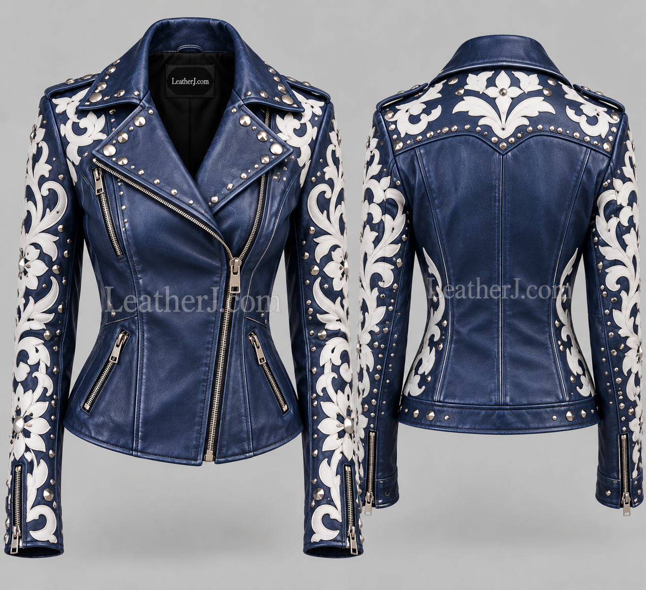 Women’s Indigo Leather Jacket with White Cutwork & Studs