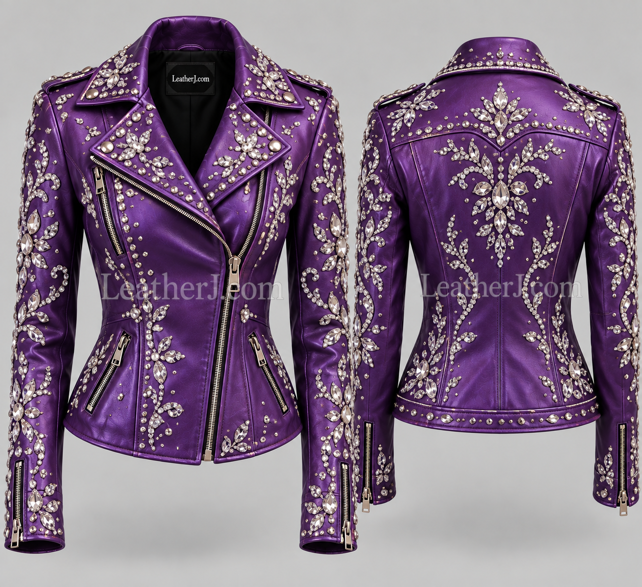 Women’s Violet Rhinestone Studded Leather Jacket
