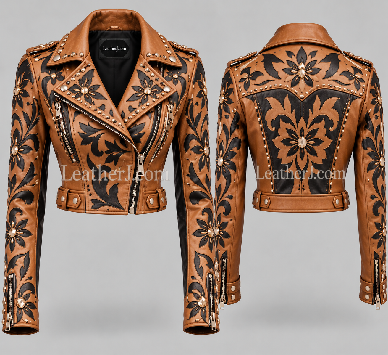 Women’s Tan Floral Cutwork Leather Crop Jacket