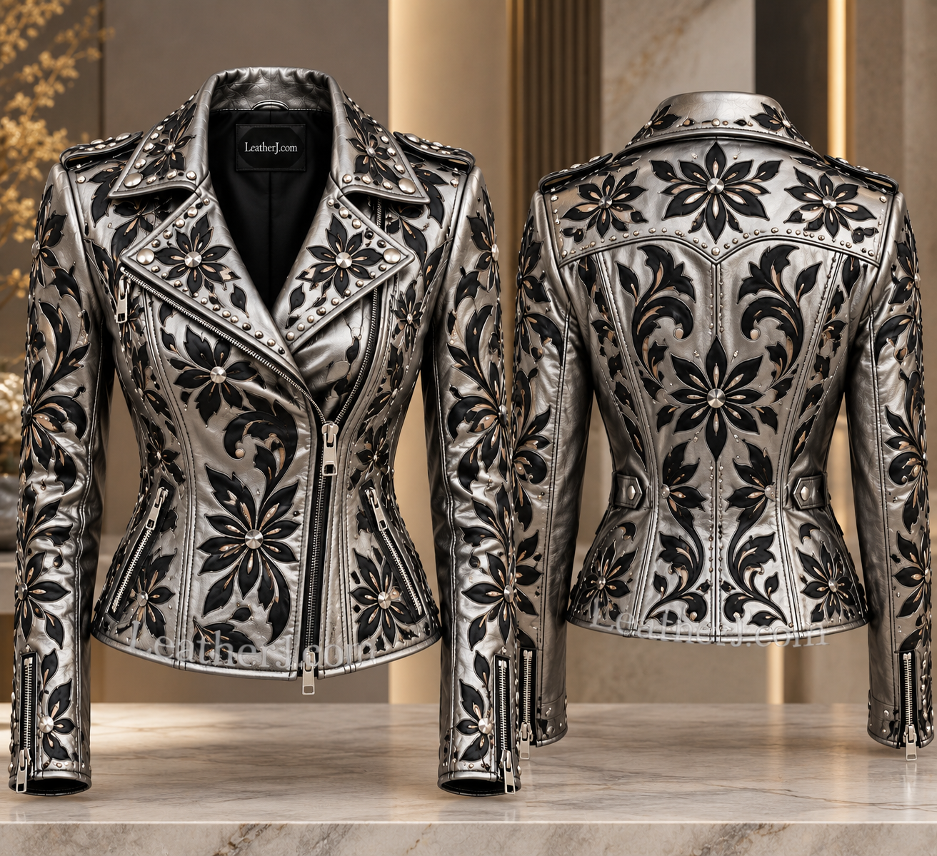 Women’s Silver & Black Floral Cutwork Leather Biker Jacket