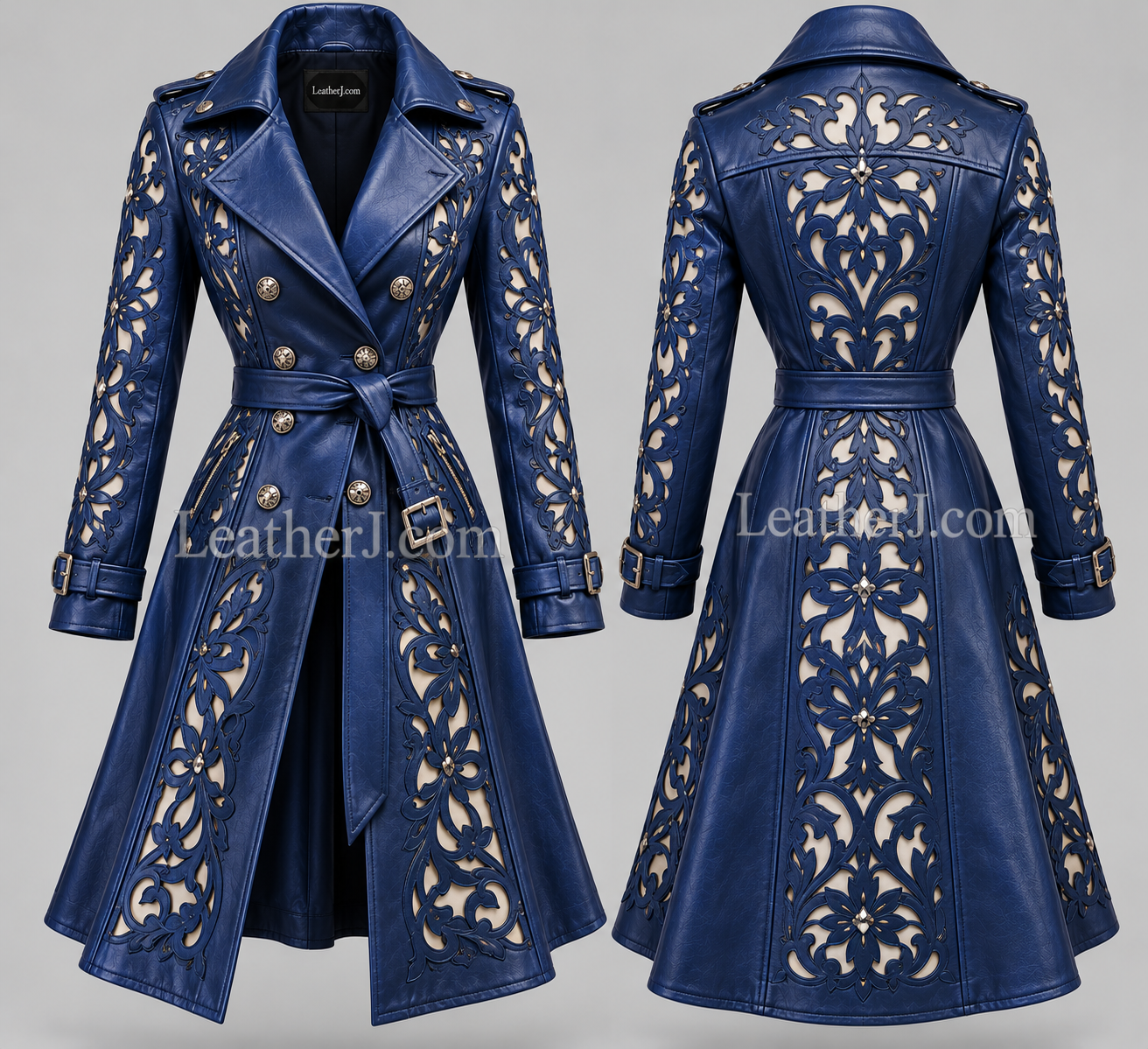 Women’s Deep Blue Floral Cutwork Leather Trench Coat