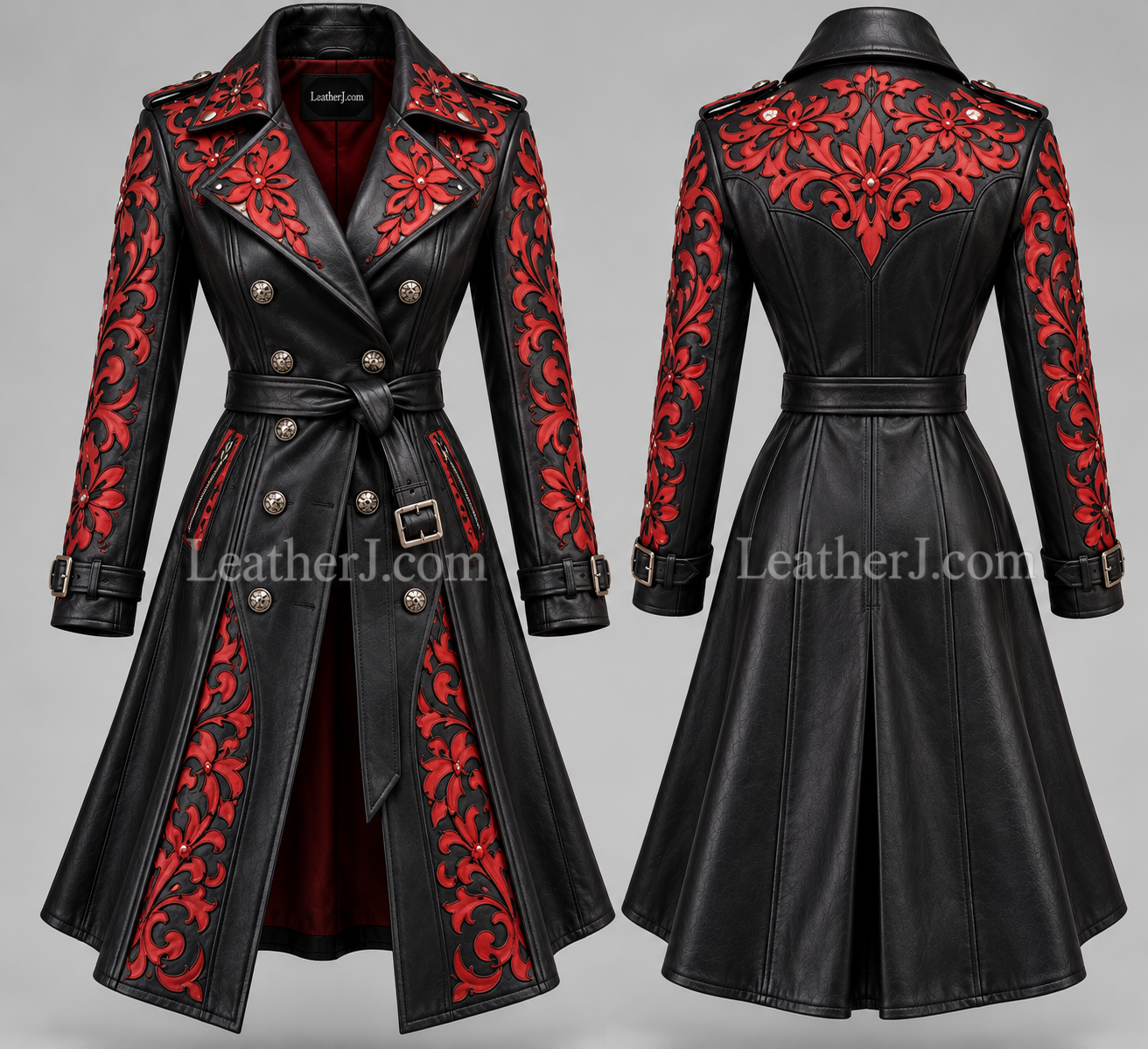 Women’s Black Leather Trench Coat with Red Cutwork