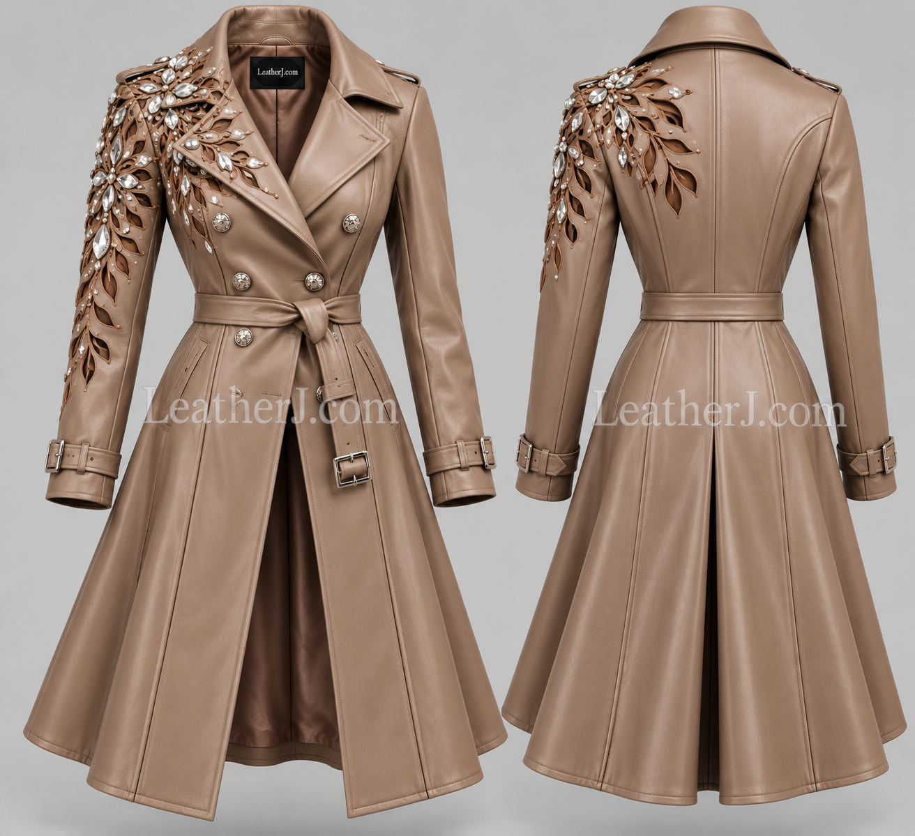 Women’s Mink Leather Trench Coat with Cutwork & Stone Detailing