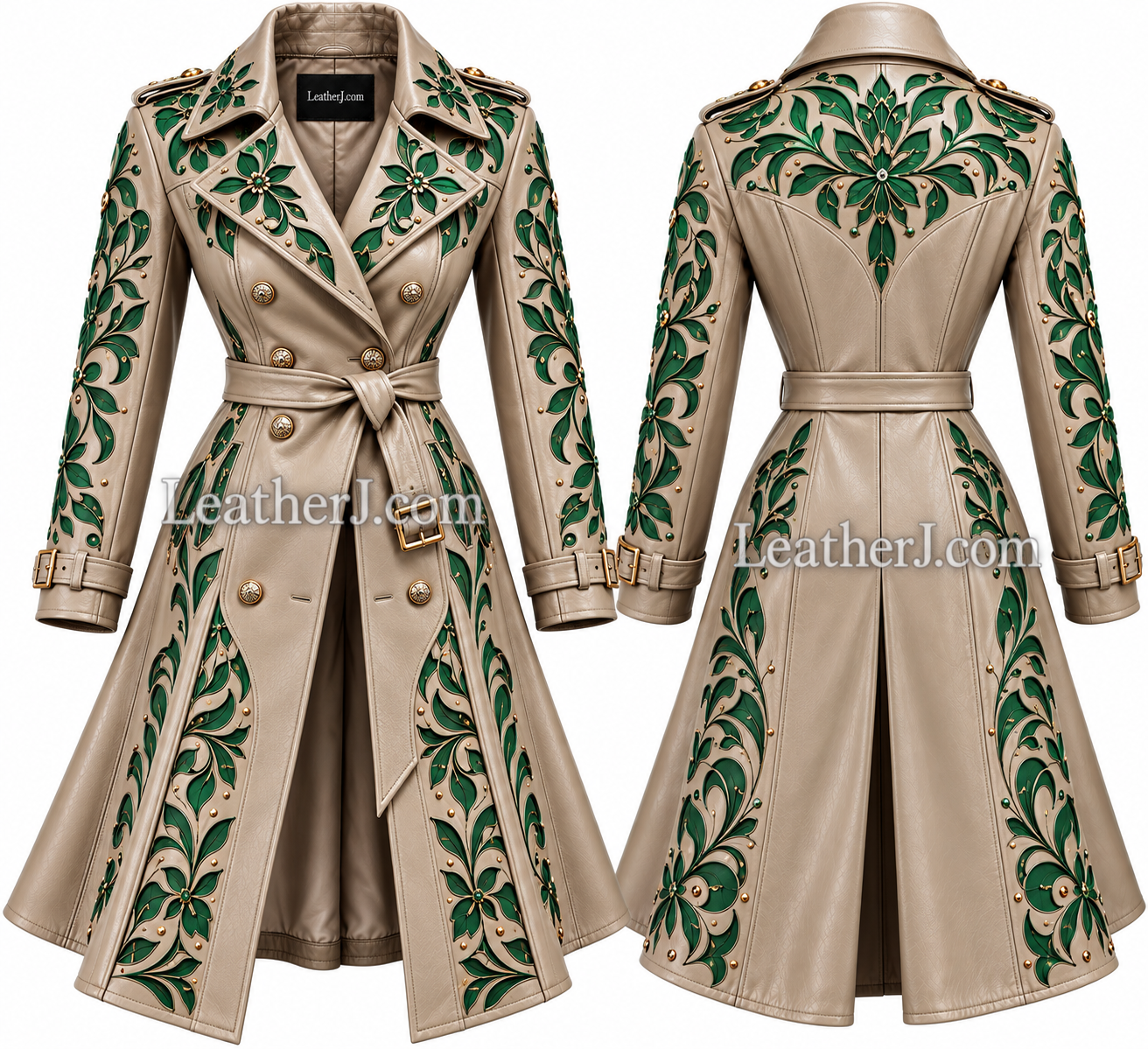 Women’s Cream Leather Trench Coat with Green Floral Cutwork