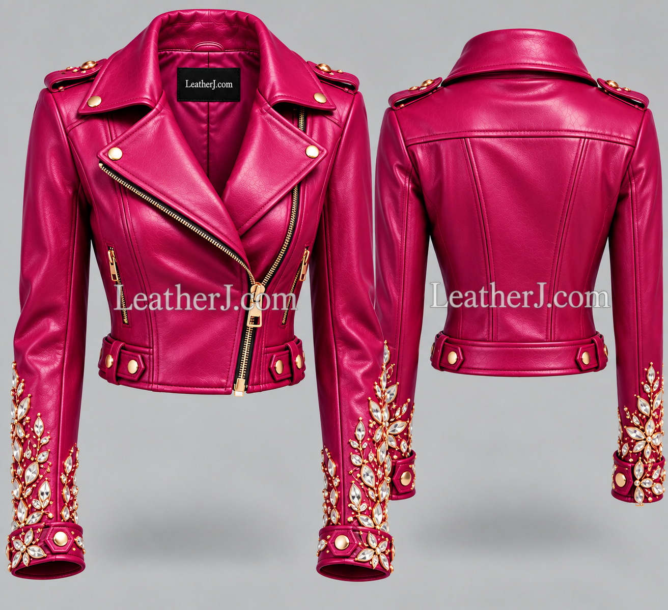 Women’s Magenta Leather Jacket with Jeweled Cuffs