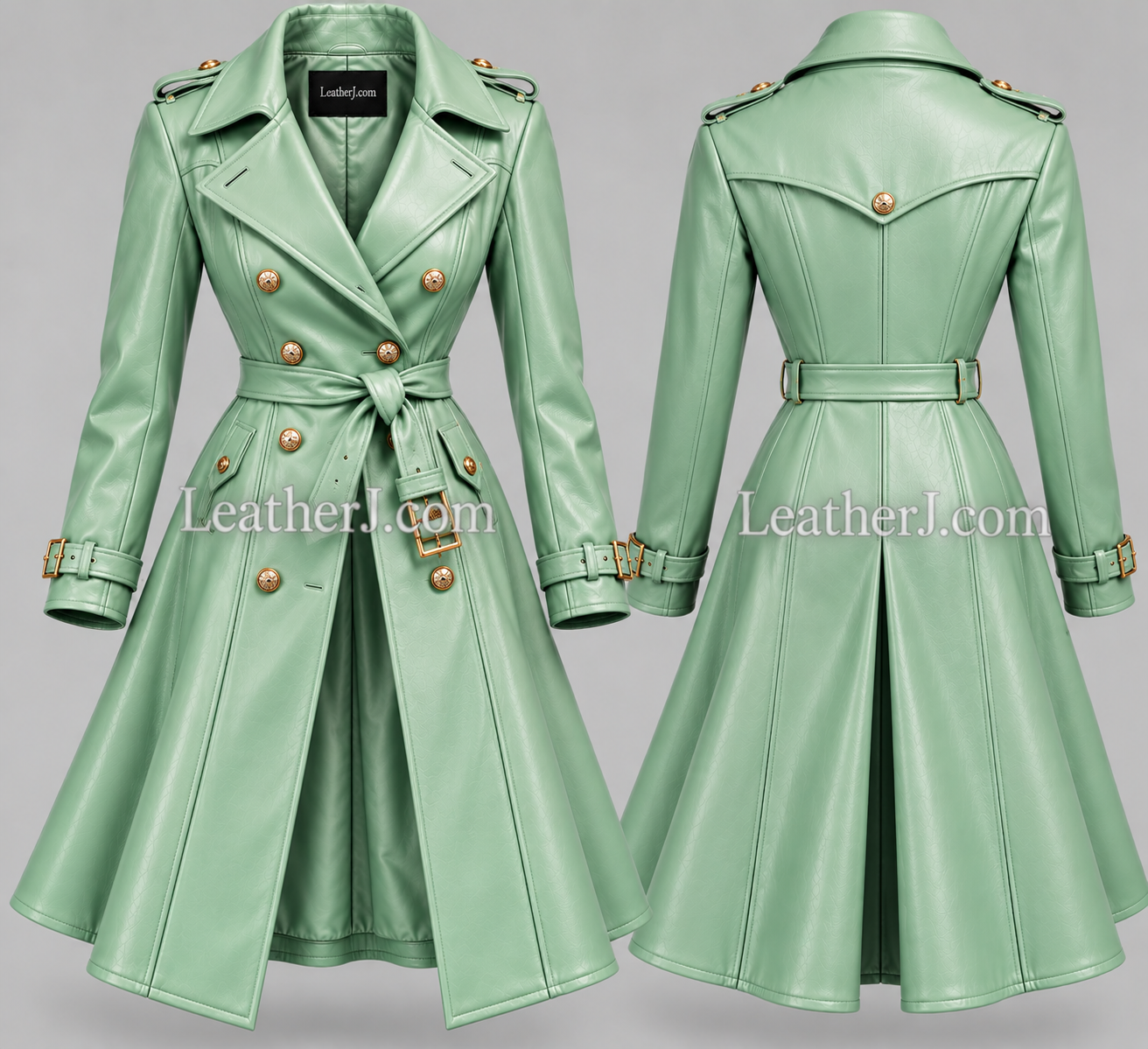 Women’s Mint Green Leather Trench Coat