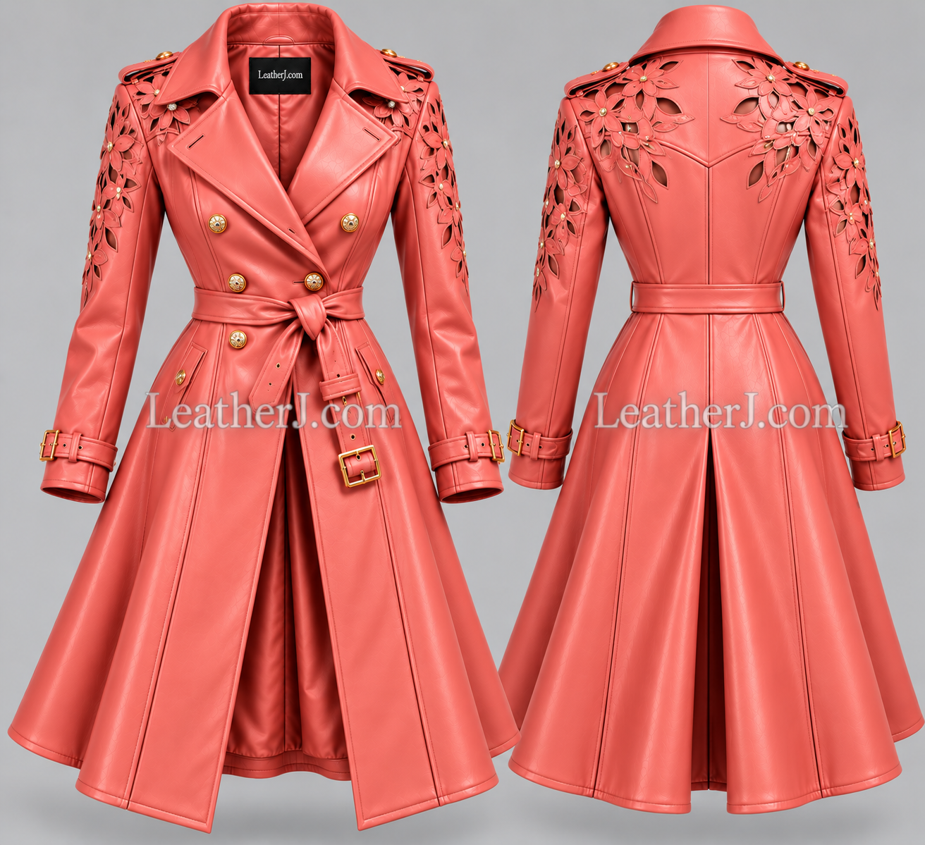 Women’s Coral Leather Trench Coat with Floral Cutwork