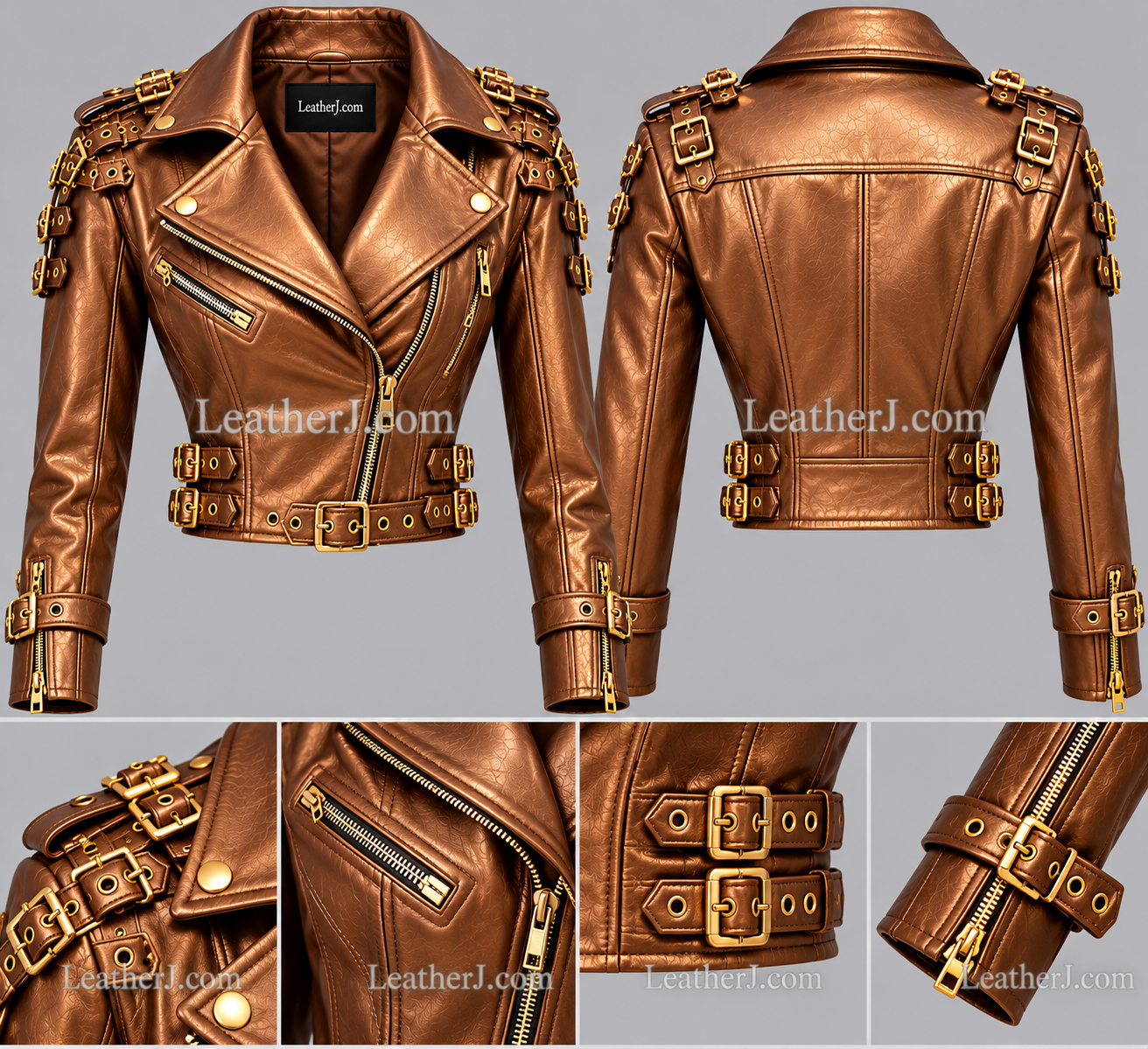 Women’s Bronze Leather Crop Jacket with Stylish Buckles