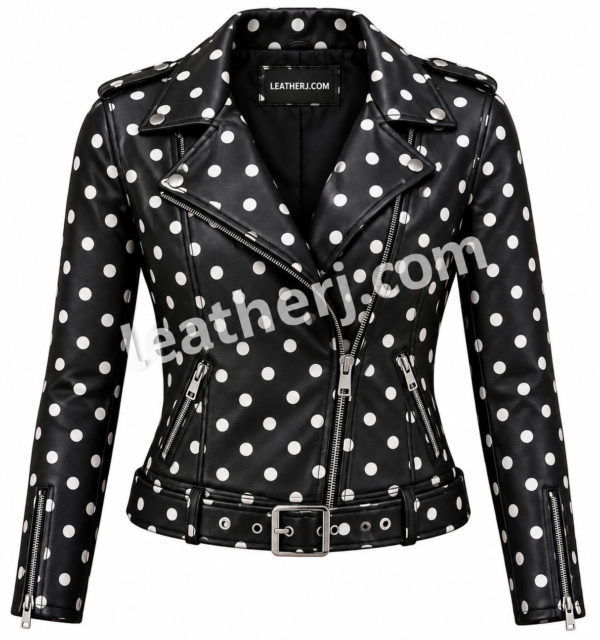 Women’s Black Leather Polka Dot Moto Jacket