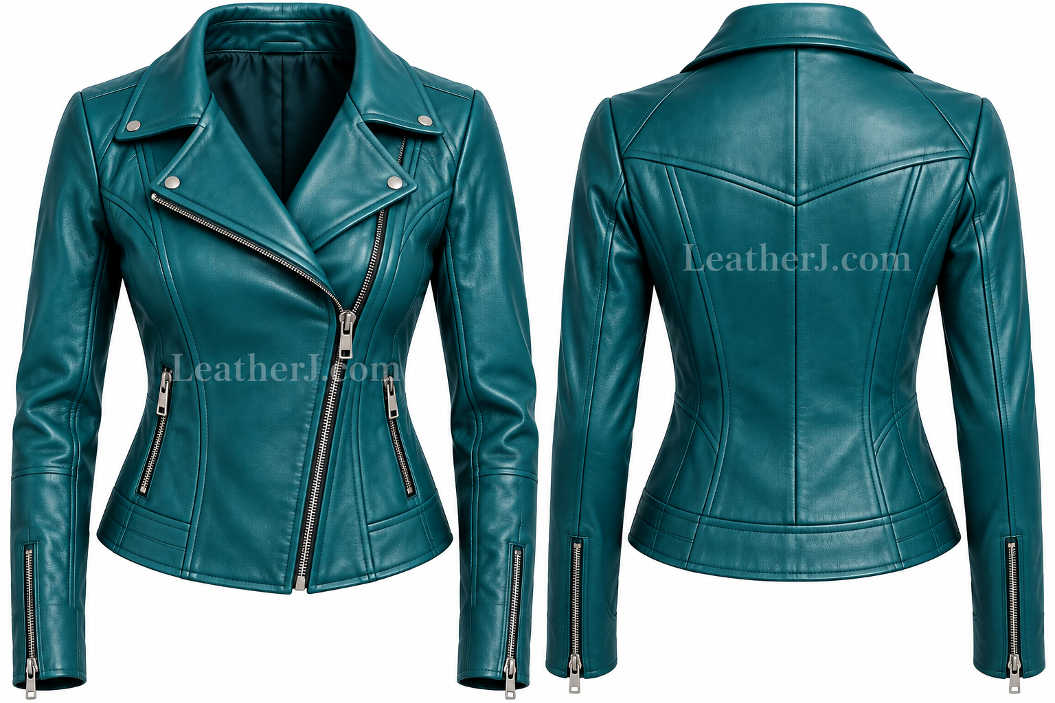Women’s Teal Leather Biker Jacket – Stylish Fitted Design